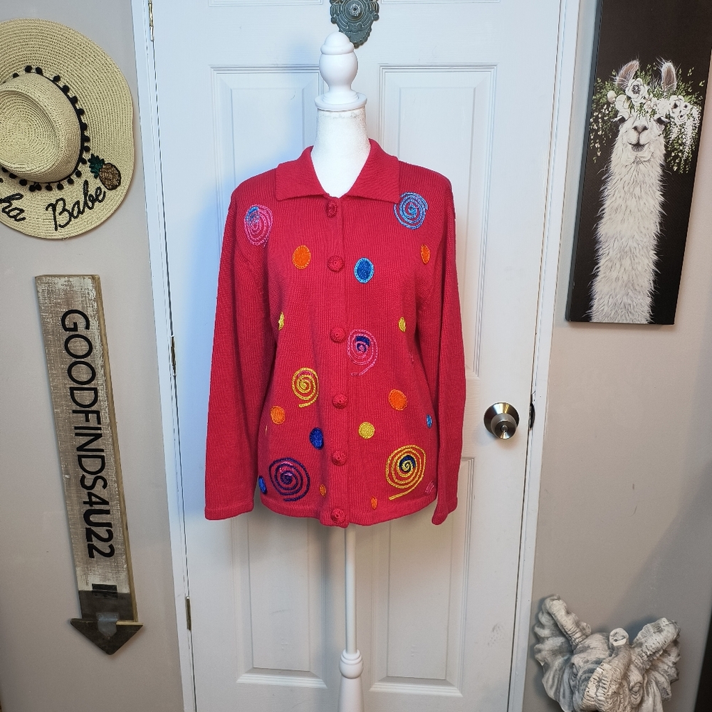 Vintage VICTORIA HARBOUR Geometric Rainbow Cardigan Sweater Women Sz M